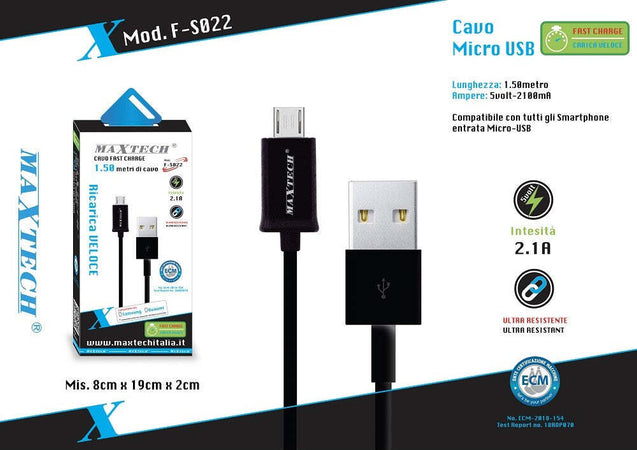 Cavo Dati Micro Usb Per Smartphone Cavetto Dati Ricarica 1.5mt Maxtech F-s022 Cavi Smartphone Trade Shop italia - Napoli, Commerciovirtuoso.it