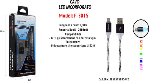 Cavo Di Ricarica Usb Led Incorporato Smartphone Fotocamere 5v-2000ma 1,50mt Maxtech F-s015 Cavi Smartphone Trade Shop italia - Napoli, Commerciovirtuoso.it