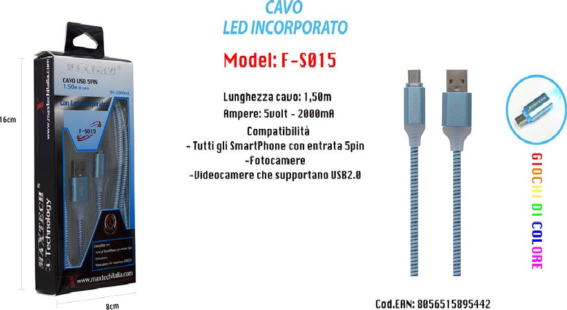 Cavo Di Ricarica Usb Led Incorporato Smartphone Fotocamere 5v-2000ma 1,50mt Maxtech F-s015 Cavi Smartphone Trade Shop italia - Napoli, Commerciovirtuoso.it
