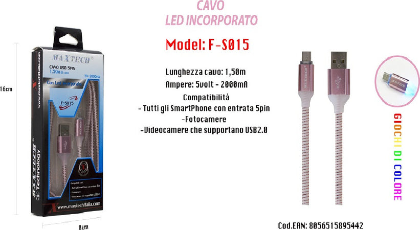 Cavo Di Ricarica Usb Led Incorporato Smartphone Fotocamere 5v-2000ma 1,50mt Maxtech F-s015 Cavi Smartphone Trade Shop italia - Napoli, Commerciovirtuoso.it