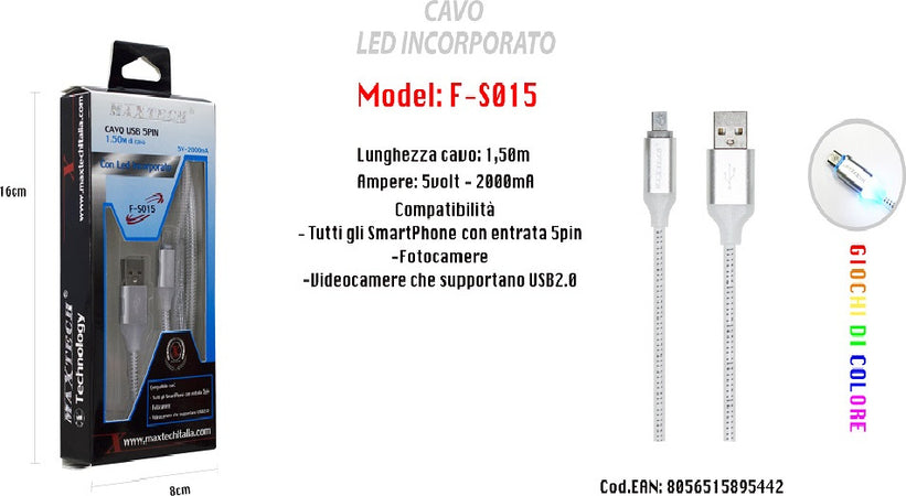 Cavo Di Ricarica Usb Led Incorporato Smartphone Fotocamere 5v-2000ma 1,50mt Maxtech F-s015 Cavi Smartphone Trade Shop italia - Napoli, Commerciovirtuoso.it