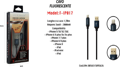 Cavo Fluorescente Ricarica Per Iphone Ipad Ipod 1,50mt 5volt - 2000ma Maxtech F-ip017 Cavi Smartphone Trade Shop italia - Napoli, Commerciovirtuoso.it