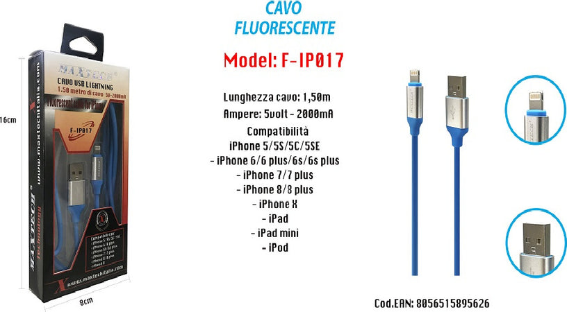 Cavo Fluorescente Ricarica Per Iphone Ipad Ipod 1,50mt 5volt - 2000ma Maxtech F-ip017 Cavi Smartphone Trade Shop italia - Napoli, Commerciovirtuoso.it