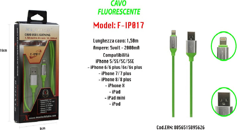 Cavo Fluorescente Ricarica Per Iphone Ipad Ipod 1,50mt 5volt - 2000ma Maxtech F-ip017 Cavi Smartphone Trade Shop italia - Napoli, Commerciovirtuoso.it