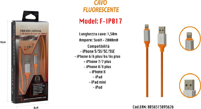 Cavo Fluorescente Ricarica Per Iphone Ipad Ipod 1,50mt 5volt - 2000ma Maxtech F-ip017 Cavi Smartphone Trade Shop italia - Napoli, Commerciovirtuoso.it
