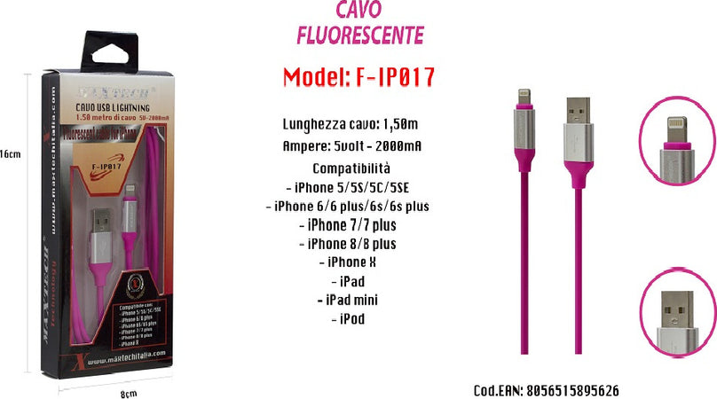 Cavo Fluorescente Ricarica Per Iphone Ipad Ipod 1,50mt 5volt - 2000ma Maxtech F-ip017 Cavi Smartphone Trade Shop italia - Napoli, Commerciovirtuoso.it