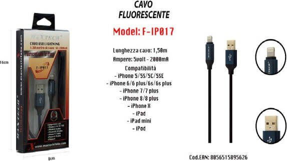 Cavo-Fluorescente-Ricarica-Per-Iphone-Ipad-Ipod-1,50mt-5volt---2000ma-Maxtech-F-ip017