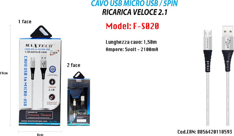 Cavo Micro Usb 1.5mt Dati Caricabatteria Usb Per Samsung Huawei Maxtech F-s020 Cavi Smartphone Trade Shop italia - Napoli, Commerciovirtuoso.it