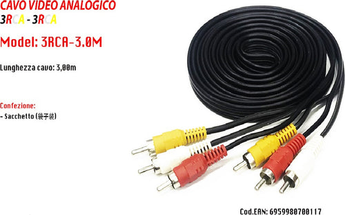 Cavo-Prolunga-3mt-Audio-Video-Analogico-3-Rca-3rca-Maschio-Stereo-Dvd-Tv-Pc