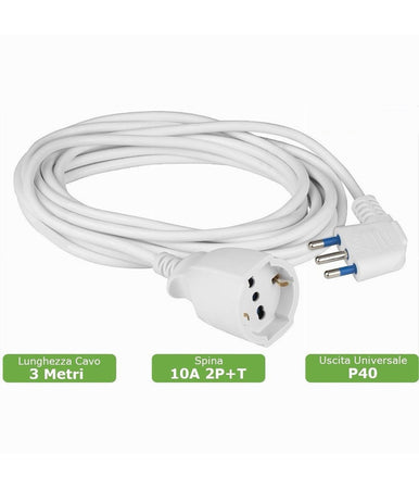Cavo Prolunga Con Spina 16a Presa Schuko Bivalente 3 Metri Colore Bianco 83286