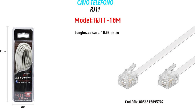 Cavo Prolunga Telefonica Rj11 10mt Maxtech Rj11-10m Collegamento Modem Telefonico Elettronica/Home Cinema TV e video/Attrezzatura satellitare/Impianti satellitari/Amplificatori di segnale Trade Shop italia - Napoli, Commerciovirtuoso.it