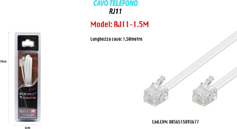 Cavo Prolunga Telefonica Rj11 1.5 Mt Collegamento Telefonico Modem Maxtech Rj11-1.5m Elettronica/Home Cinema TV e video/Attrezzatura satellitare/Impianti satellitari/Amplificatori di segnale Trade Shop italia - Napoli, Commerciovirtuoso.it