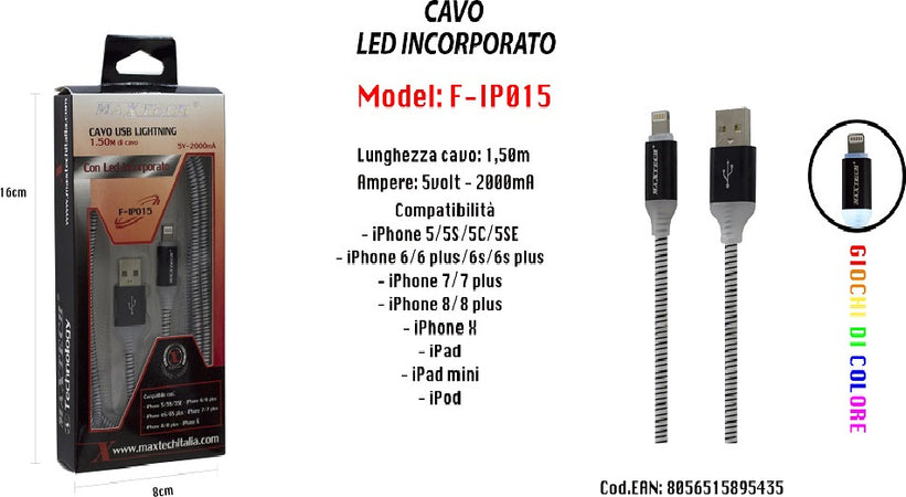 Cavo Ricarica Led Incorporato Per Iphone Ipad Ipod 5volt-2000ma Maxtech F-ip015 Cavi Smartphone Trade Shop italia - Napoli, Commerciovirtuoso.it