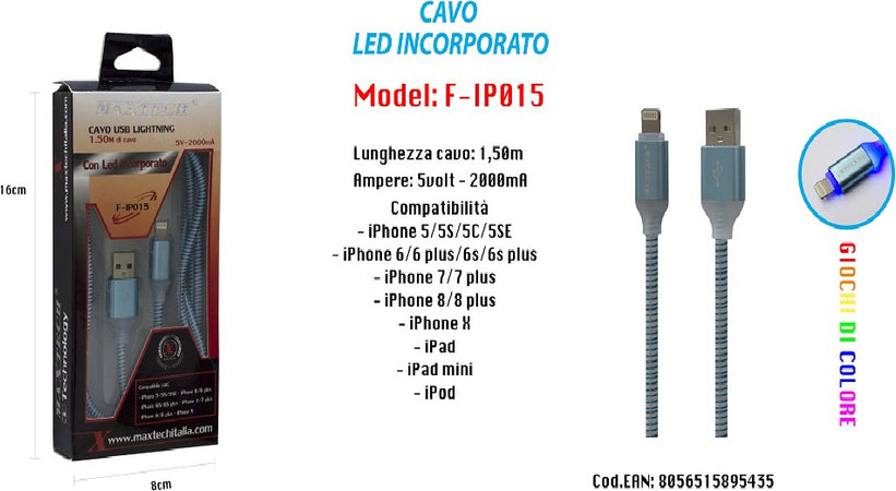 Cavo Ricarica Led Incorporato Per Iphone Ipad Ipod 5volt-2000ma Maxtech F-ip015 Cavi Smartphone Trade Shop italia - Napoli, Commerciovirtuoso.it