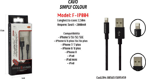 Cavo Simply Colour Per Iphone Ipad Ipod 5volt - 2000ma 2,50mt Maxtech F-ip004 Cavi Smartphone Trade Shop italia - Napoli, Commerciovirtuoso.it