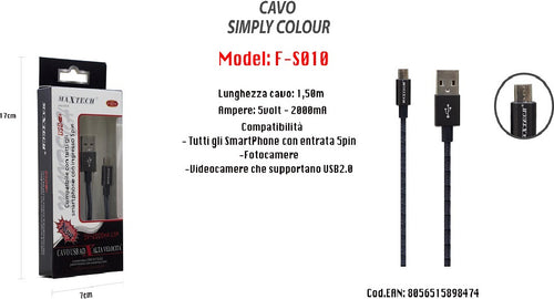 Cavo Simply Colour Per Smartphone 5volt - 2000ma Lunghezza 1,5mt Maxtech F-s010 Cavi Smartphone Trade Shop italia - Napoli, Commerciovirtuoso.it