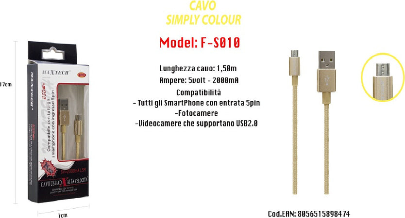 Cavo Simply Colour Per Smartphone 5volt - 2000ma Lunghezza 1,5mt Maxtech F-s010 Cavi Smartphone Trade Shop italia - Napoli, Commerciovirtuoso.it