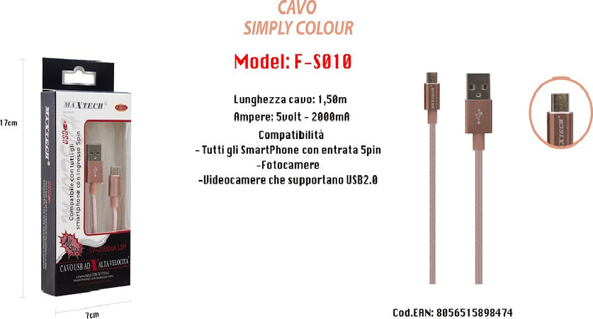 Cavo Simply Colour Per Smartphone 5volt - 2000ma Lunghezza 1,5mt Maxtech F-s010 Cavi Smartphone Trade Shop italia - Napoli, Commerciovirtuoso.it