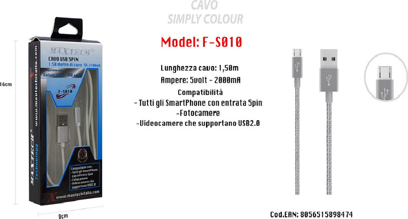 Cavo Simply Colour Per Smartphone 5volt - 2000ma Lunghezza 1,5mt Maxtech F-s010 Cavi Smartphone Trade Shop italia - Napoli, Commerciovirtuoso.it