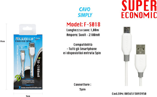 Cavo Simply Usb Connettore 5pin Per Smarthphone 5volt - 2100ma 1,0mt Maxtech F-s018 Cavi Smartphone Trade Shop italia - Napoli, Commerciovirtuoso.it