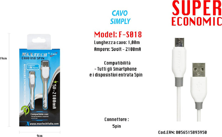 Cavo Simply Usb Connettore 5pin Per Smarthphone 5volt - 2100ma 1,0mt Maxtech F-s018 Cavi Smartphone Trade Shop italia - Napoli, Commerciovirtuoso.it