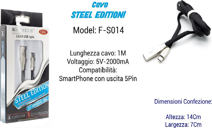 Cavo Steel Edition Per Smartphone Uscita 5pin 5volt - 2000ma 1,00mt Maxtech F-s014 Cavi Smartphone Trade Shop italia - Napoli, Commerciovirtuoso.it