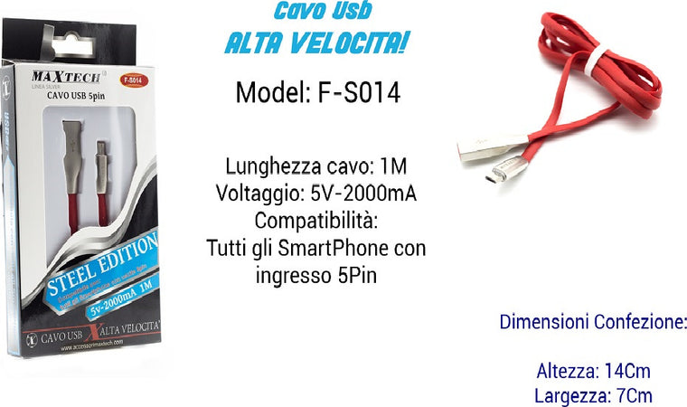 Cavo Steel Edition Per Smartphone Uscita 5pin 5volt - 2000ma 1,00mt Maxtech F-s014 Cavi Smartphone Trade Shop italia - Napoli, Commerciovirtuoso.it