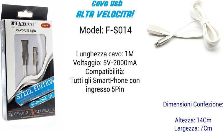 Cavo Steel Edition Per Smartphone Uscita 5pin 5volt - 2000ma 1,00mt Maxtech F-s014 Cavi Smartphone Trade Shop italia - Napoli, Commerciovirtuoso.it