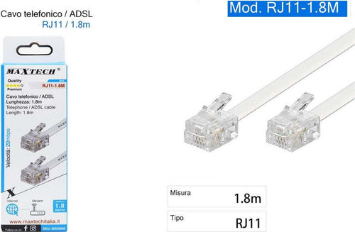 Cavo Telefonico Adsl Rj11 Collegamento Telefonico Modem 20mbps 1.8 Mt Rj11-1.8m Elettronica/Telefonia fissa e accessori/Accessori/Cavi Trade Shop italia - Napoli, Commerciovirtuoso.it