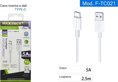 Cavo Type-c Usb 2.5mt Supercharge Ricarica Rapida 5a Dati Per Smartphone F-tc021 Elettronica e telefonia > Telefonia Fissa e Mobile > Accessori Smartphone > Cavi Smartphone Trade Shop italia - Napoli, Commerciovirtuoso.it