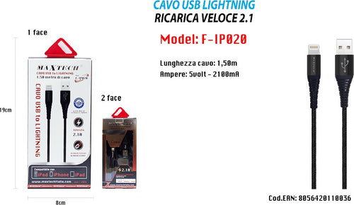 Cavo Usb 1,5mt Caricabatteria Usb 2.1 Lightning Iphone Ipad Ipod Maxtech F-ip020 Cavi Smartphone Trade Shop italia - Napoli, Commerciovirtuoso.it