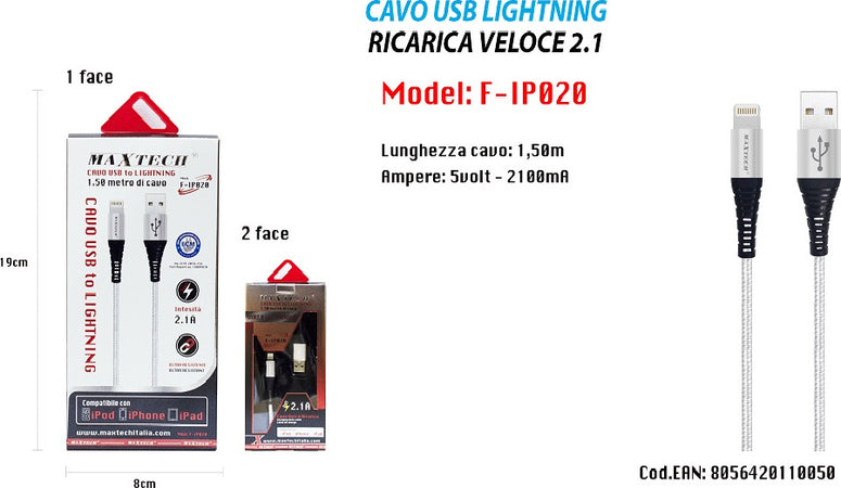Cavo Usb 1,5mt Caricabatteria Usb 2.1 Lightning Iphone Ipad Ipod Maxtech F-ip020 Cavi Smartphone Trade Shop italia - Napoli, Commerciovirtuoso.it