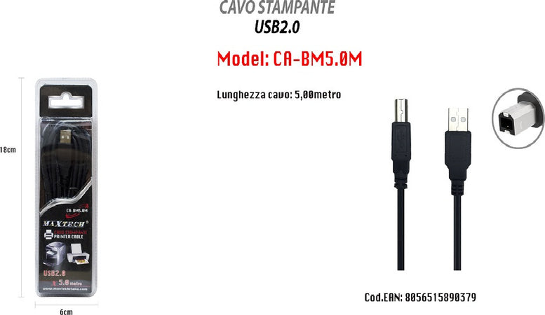 Cavo Usb 2.0 5 Mt Ad Alta Velocit? Per Stampante Hard Disk Scanner A/b Maschio Informatica e Videogiochi > Accessori PC > Adattatori e Convertitori Trade Shop italia - Napoli, Commerciovirtuoso.it