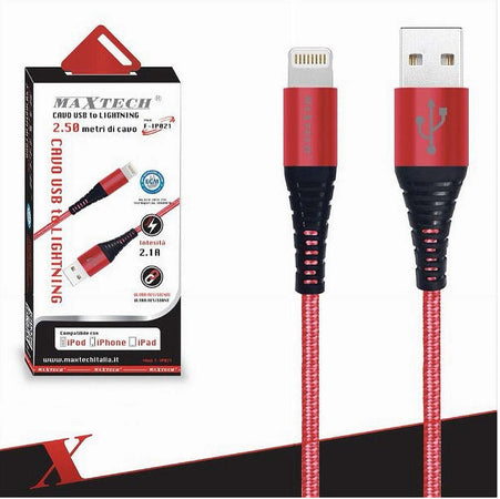 Cavo-Usb-A-Lightning-Per-Smartphone-2.1a-2.5mt-Trasmissione-Dati-Maxtech-F-ip021