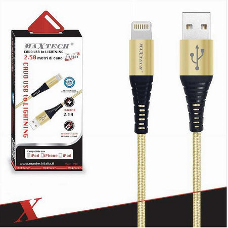 Cavo-Usb-A-Lightning-Per-Smartphone-2.1a-2.5mt-Trasmissione-Dati-Maxtech-F-ip021
