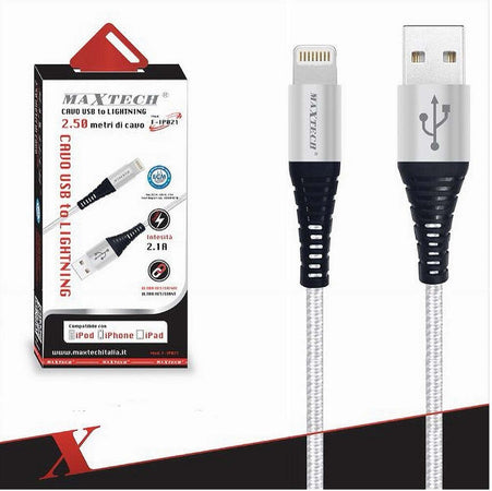 Cavo-Usb-A-Lightning-Per-Smartphone-2.1a-2.5mt-Trasmissione-Dati-Maxtech-F-ip021