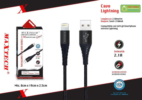 Cavo Usb A Lightning Per Smartphone 2.1a 2.5mt Trasmissione Dati Maxtech F-ip021 Cavi Smartphone Trade Shop italia - Napoli, Commerciovirtuoso.it