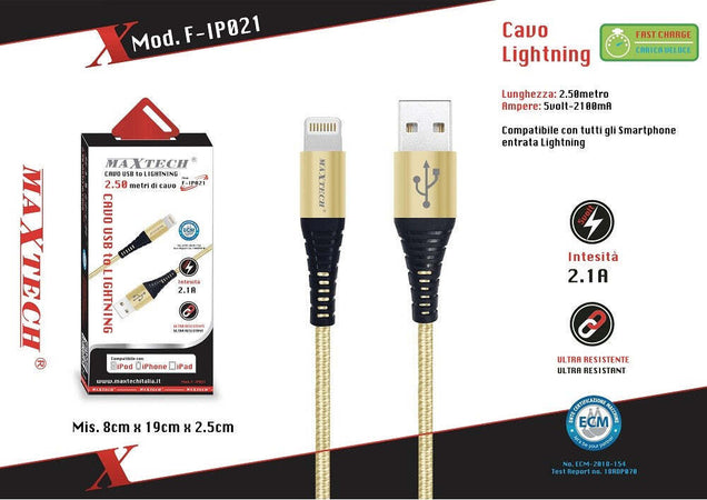 Cavo Usb A Lightning Per Smartphone 2.1a 2.5mt Trasmissione Dati Maxtech F-ip021 Cavi Smartphone Trade Shop italia - Napoli, Commerciovirtuoso.it