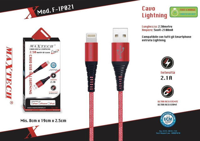 Cavo Usb A Lightning Per Smartphone 2.1a 2.5mt Trasmissione Dati Maxtech F-ip021 Cavi Smartphone Trade Shop italia - Napoli, Commerciovirtuoso.it
