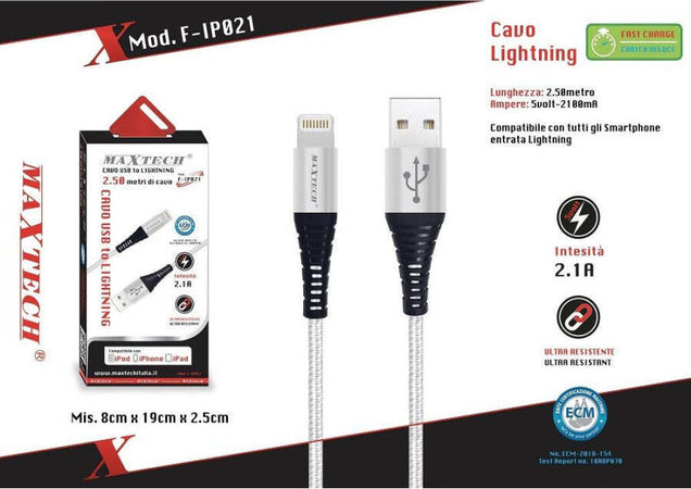 Cavo-Usb-A-Lightning-Per-Smartphone-2.1a-2.5mt-Trasmissione-Dati-Maxtech-F-ip021