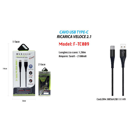Cavo-Usb-A-Type-C-Dati-Ricarica-Per-Samsung-Huawei-1.5-Metri-3a-Maxtech-F-tc009