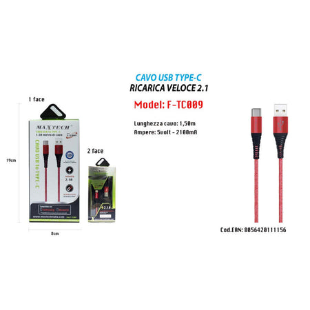 Cavo-Usb-A-Type-C-Dati-Ricarica-Per-Samsung-Huawei-1.5-Metri-3a-Maxtech-F-tc009