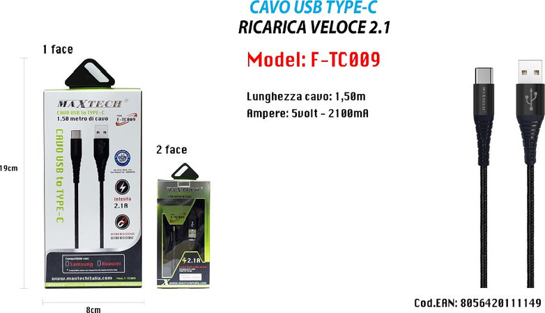 Cavo Usb A Type C Dati Ricarica Per Samsung Huawei 1.5 Metri 3a Maxtech F-tc009 Cavi Smartphone Trade Shop italia - Napoli, Commerciovirtuoso.it