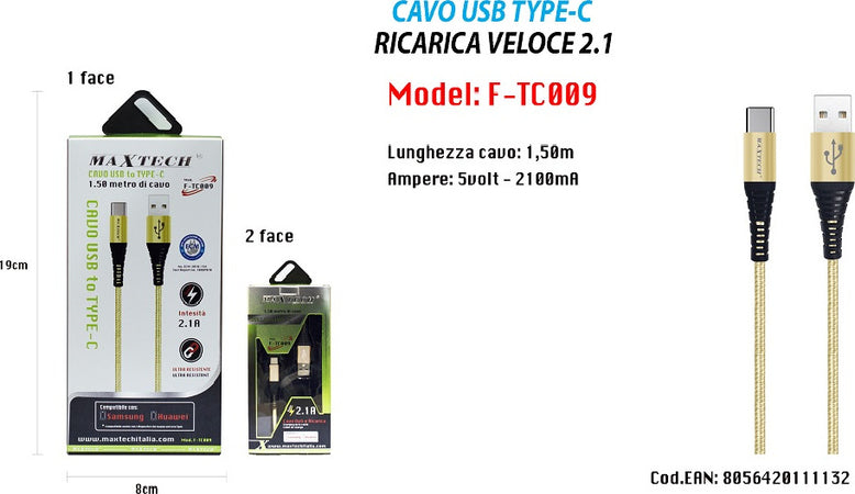 Cavo Usb A Type C Dati Ricarica Per Samsung Huawei 1.5 Metri 3a Maxtech F-tc009 Cavi Smartphone Trade Shop italia - Napoli, Commerciovirtuoso.it