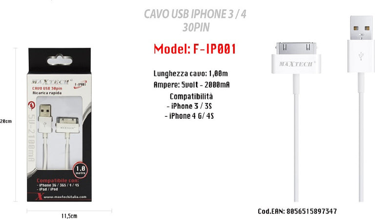 Cavo Usb Dati Per Apple 30 Pin Iphone 3 / 3s / 4g / 4s Ipad Ipod Maxtech F-ip001 Cavi Smartphone Trade Shop italia - Napoli, Commerciovirtuoso.it