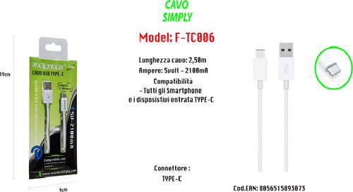 Cavo Usb Di Ricarica Sincronizzazione Simply 2,50mt Smartphone 5v-2100ma Maxtech F-tc006 Cavi Smartphone Trade Shop italia - Napoli, Commerciovirtuoso.it