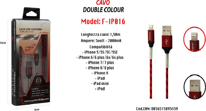 Cavo Usb Double Colour Iphone Ipad Ipod 5volt - 2000ma 1,50 Mt Maxtech F-ip016 Cavi Smartphone Trade Shop italia - Napoli, Commerciovirtuoso.it