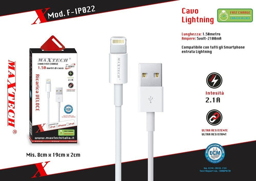 Cavo Usb Lightning 1,5mt 2.1a Ricarica Veloce Trasmissione Dati Maxtech F-ip022 Cavi Smartphone Trade Shop italia - Napoli, Commerciovirtuoso.it