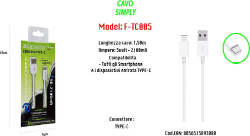 Cavo Usb Per Ricarica Smartphone 1,50mt Simply 5volt - 2100ma Maxtech F-tc005 Cavi Smartphone Trade Shop italia - Napoli, Commerciovirtuoso.it