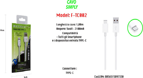 Cavo Usb Per Ricarica Smartphone Ipad 1,00mt Simply 5v-2100ma Maxtech F-tc002 Cavi Smartphone Trade Shop italia - Napoli, Commerciovirtuoso.it
